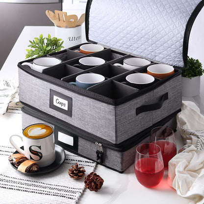 Organizador acolchado y apilable para tazas de café para servicio de 12, caja con separadores, contenedores de carcasa rígida para tazas de porcelana para almacenamiento para mudanza o estacional