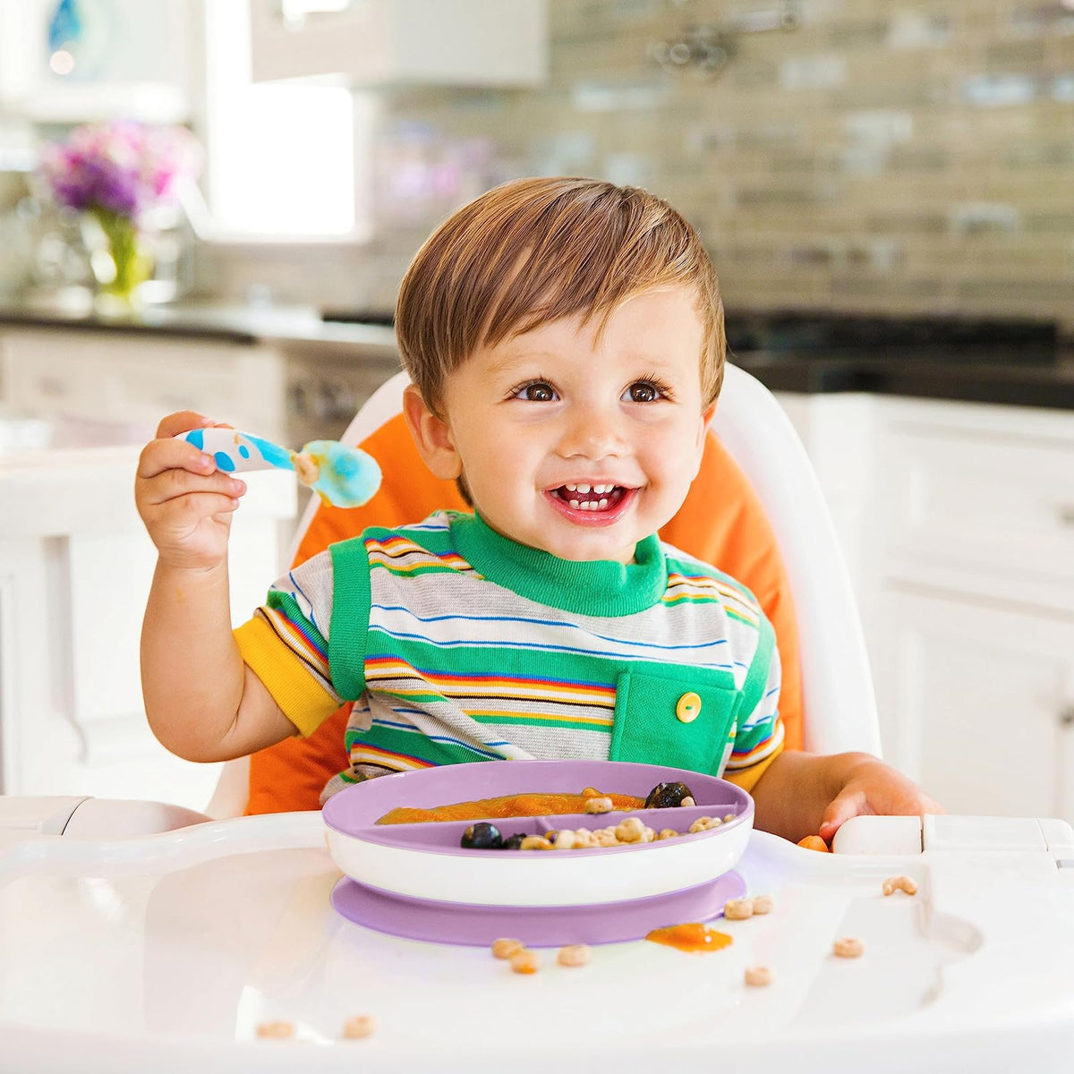 Munchkin Stay Put Platos De Succión Dividida Para Niños Pequeños, Azul/Verde