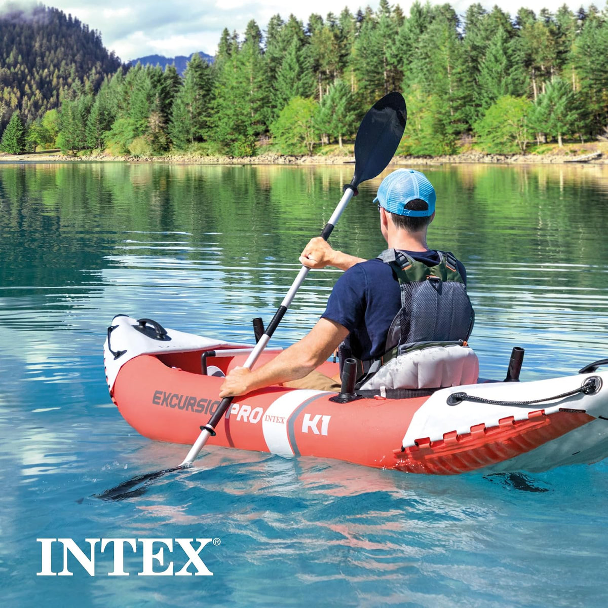 Serie de Kayak Inflable INTEX Excursion Pro: Incluye paletas de Kayak de Lujo de 86 Pulgadas y Bomba de Alto Rendimiento, PVC superresistente, Asiento de cubeta Ajustable, Soportes para caña de