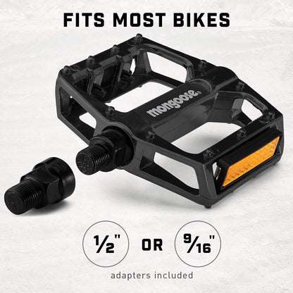Mongoose - Pedales de Bicicleta de montaña para Adultos, adaptadores de 1/2" y 9/16", Pedal de Plataforma de Bicicleta de aleación Duradera, Tiras refectivas, Accesorios de Bicicleta MTB