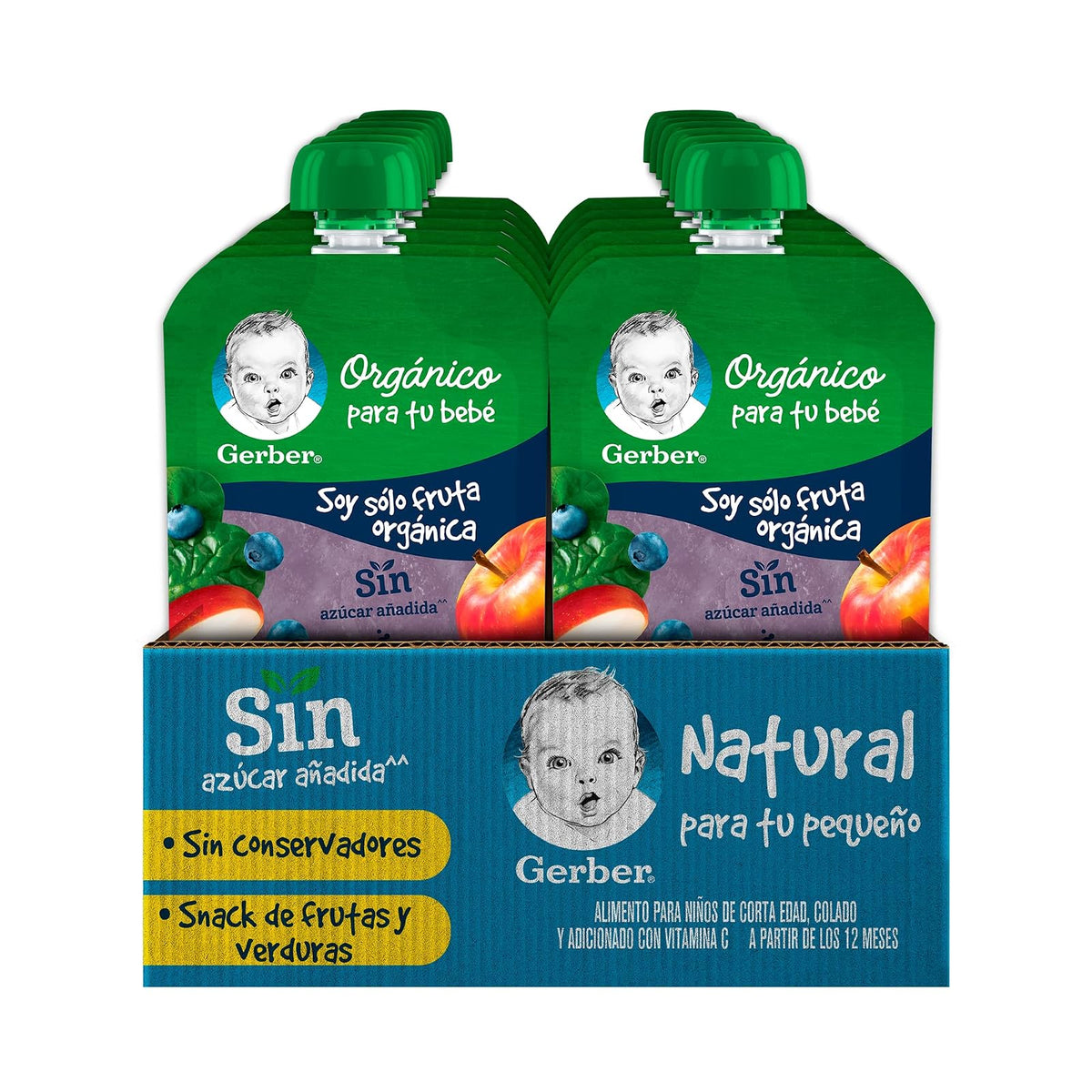 Papilla Gerber Orgánico Pouch Etapa 2 Manzana, Mora Azul y Espinaca 100g Paquete 12