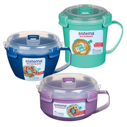 Sistema - Recipientes para microondas | Taza de sopa, tazón de avena y tazón de fideos | Recipientes de alimentos con ventilación de liberación de vapor | Sin BPA | Rojo | 3 unidades