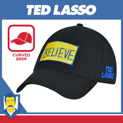 Ted Lasso - Gorro de béisbol Ajustable de algodón con Estampado Believe con Borde Curvado, Color Negro, Talla única, Negro -, One Size