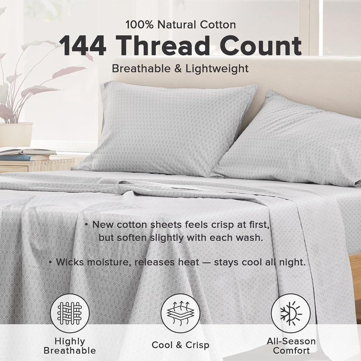 Comfort Spaces - Juego de sábanas 100% algodón Transpirable, Ligero, Suave con Bolsillo elástico de 12 Pulgadas, se Adapta a colchones de hasta 14 Pulgadas, Ropa de Cama acogedora para Todas Las
