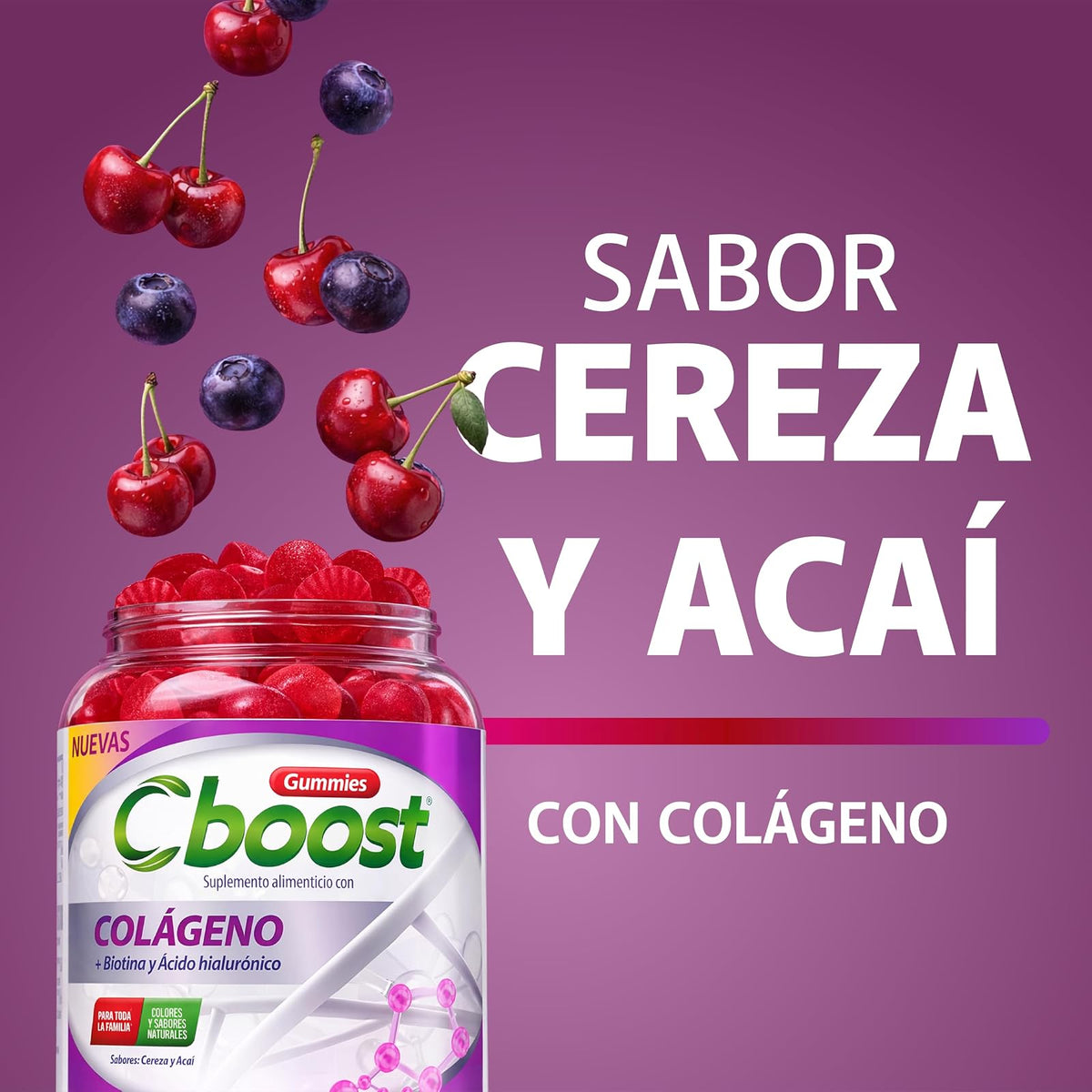 Cboost - Gomitas Colágeno, Biotina y Ácido Hialurónico, Cereza, 90 Piezas | Acaí, colores y sabores naturales, para toda la familia, 2g c/u, Grisi Farma
