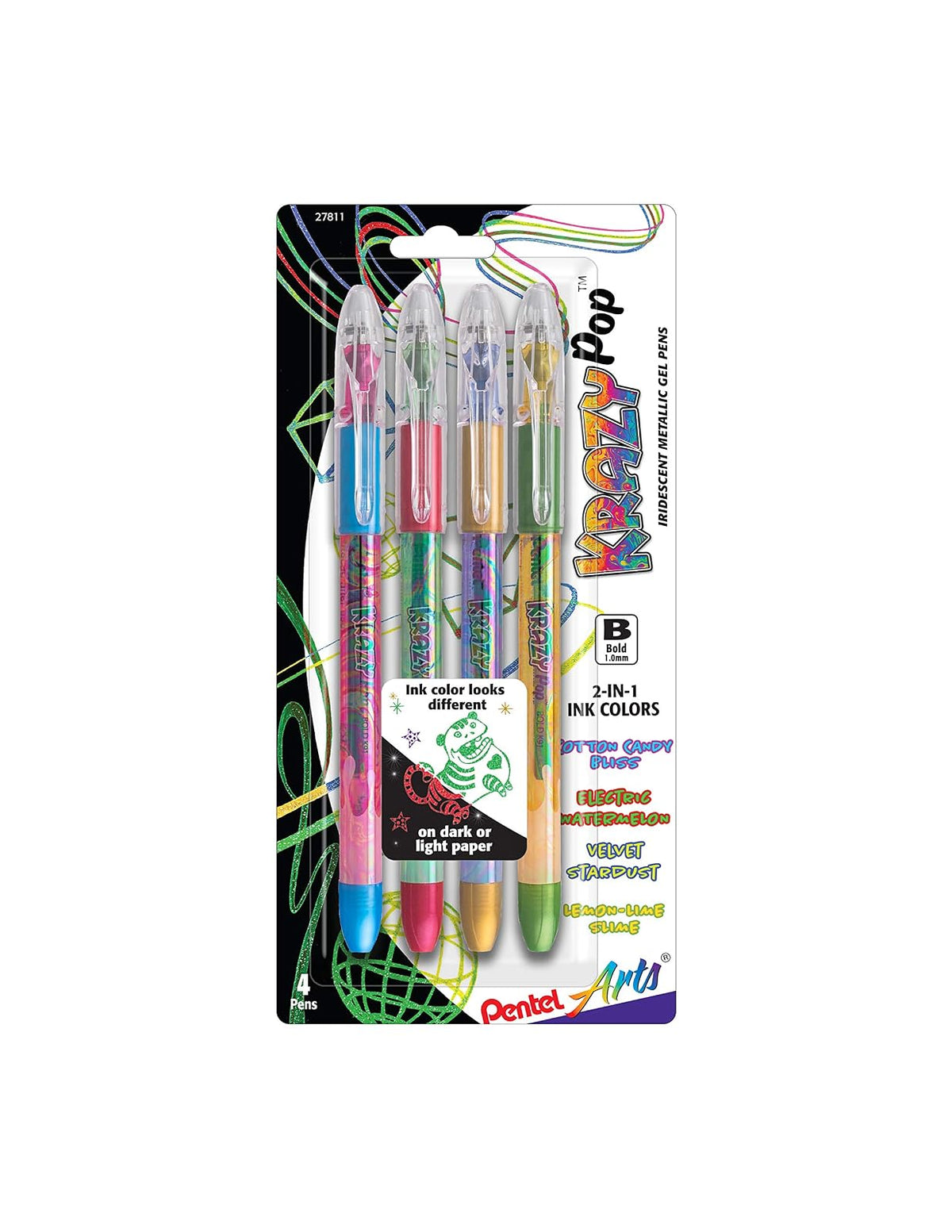 Pentel Arts Krazy Pop - Bolígrafo de gel iridiscente (1,0 mm), tinta surtida (Xc/BD/CP/DG), 4 unidades (K91PABP4M3)