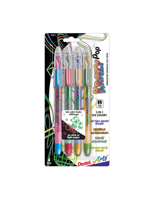 Pentel Arts Krazy Pop - Bolígrafo de gel iridiscente (1,0 mm), tinta surtida (Xc/BD/CP/DG), 4 unidades (K91PABP4M3)