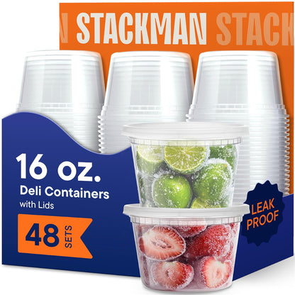 Stack Man Contenedores Desechables de Plástico con Tapa Hermética, 48 Piezas - 16 onzas