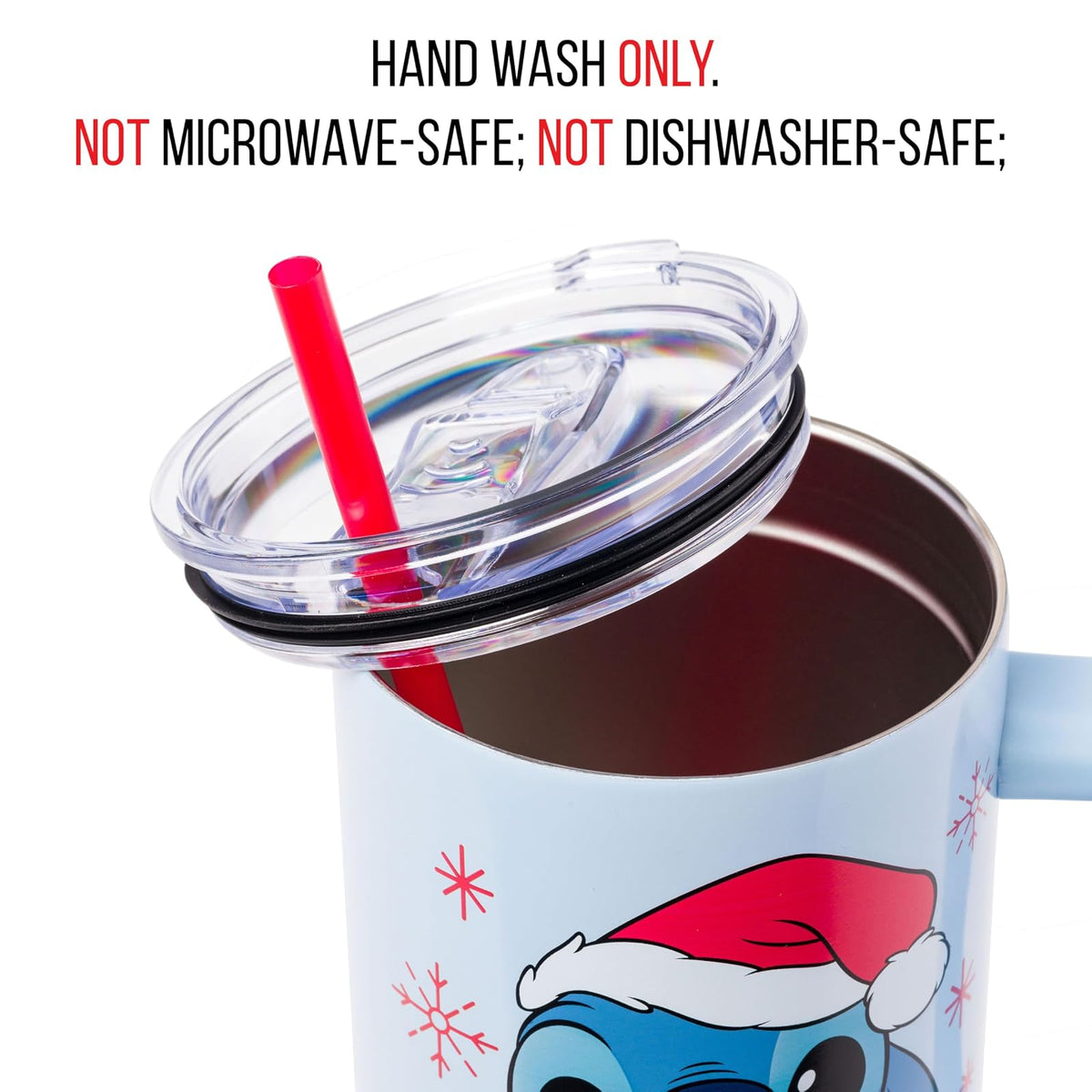 Silver Buffalo Disney Lilo and Stitch - Vaso de acero inoxidable con mango y popote, para Navidad, diseño de Papá Noel, con diseño de copos de nieve, se adapta a portavasos estándar, 40 onzas