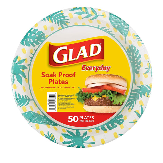 Glad Tabletop Round Disposable Paper Plates With Palm Leaves Design, 10 Inches, 50 Count