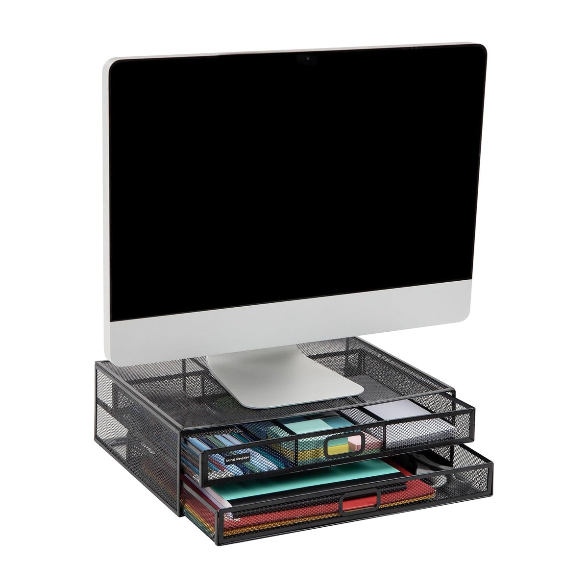 Betesh Mind Reader Monitor Stand, Ventilated Laptop Riser, Storage Drawer, Office, Metal Mesh, 15.75" L x 11.75" W x 4.5" H, Black