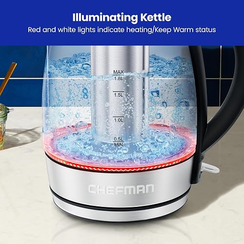 Chefman - Hervidor eléctrico de vidrio 1.8 L, 1500 W | Con infusor de té, función de mantener el calor, apagado automático y protección contra ebullición