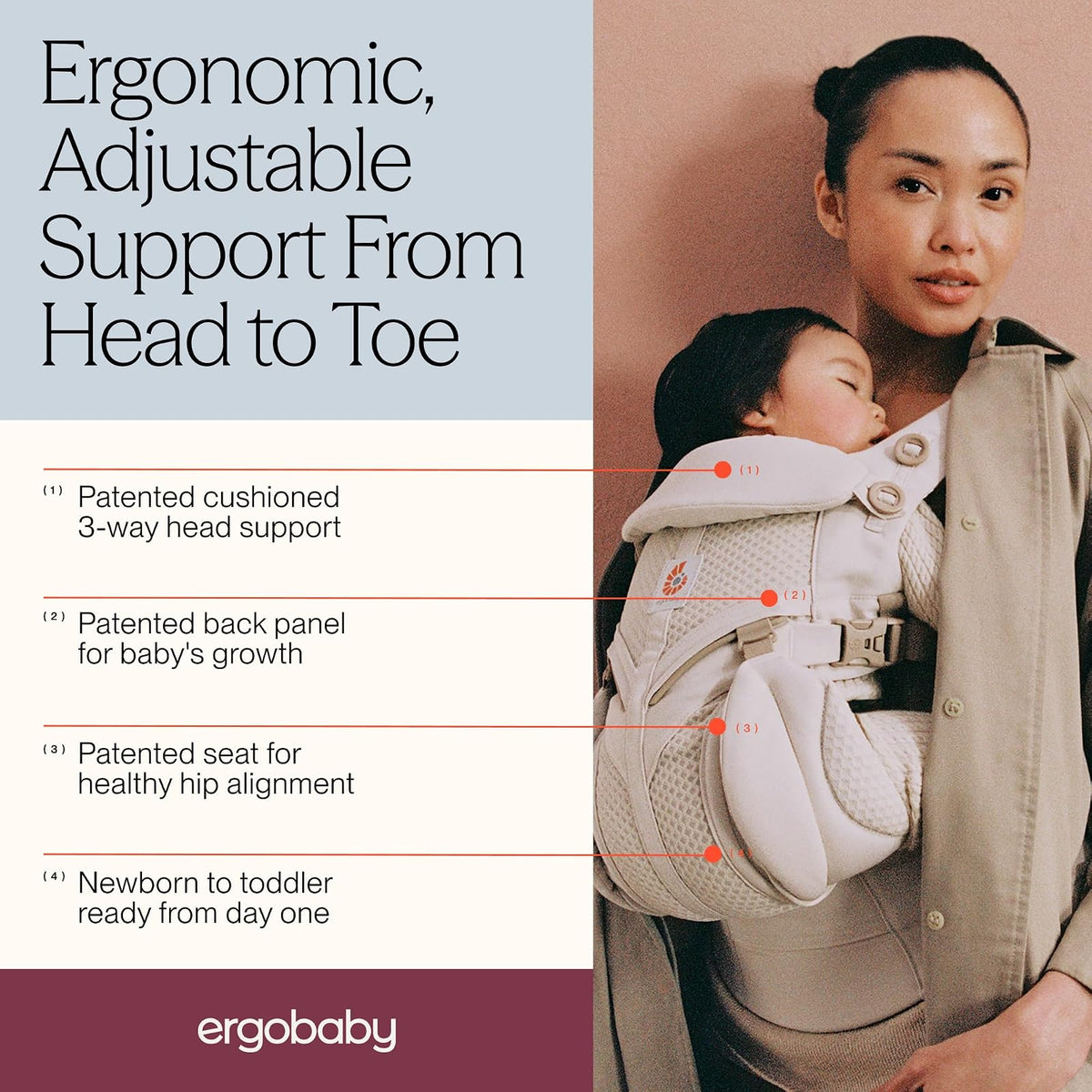 Ergobaby Omni Classic Baby Carrier Portabebés para bebé Recién nacido para niños pequeños con soporte lumbar (7-45 libras) Red, Onyx Negro