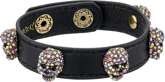 Betsey Johnson - Pulsera de piel negra para Halloween con calaveras de piedra multicolor, 20,32cm, Cuero, Circonita cúbica