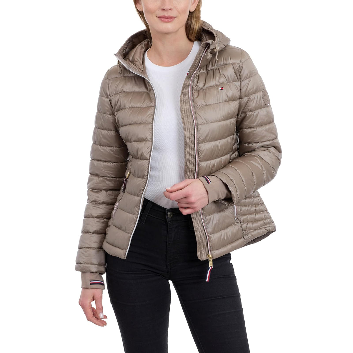 Tommy Hilfiger Chamarra Acolchada Ligera y Empacable con Capucha para Mujer - M - Topo
