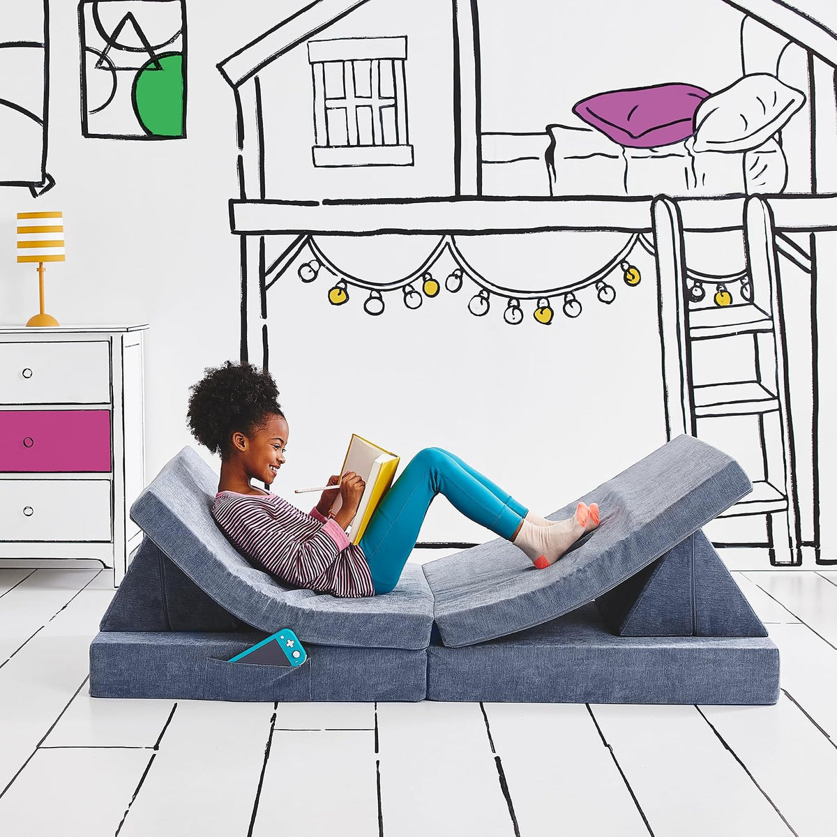 YOURIGAMI - Sofá de Juego para niños y niños pequeños, sofá Plegable Convertible, diseño Modular de Espuma Duradera, Color Azul Laguna
