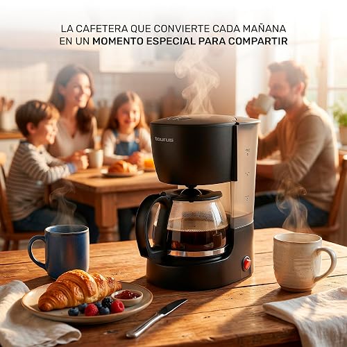 TAURUS COFFEE MAX 6, Cafetera de Goteo con Filtro Permanente, 600 ml, Cafetera 6 Tazas, Anti-goteo, 650 W, Jarra de vidrio, Placa calefactora, Interruptor luminoso