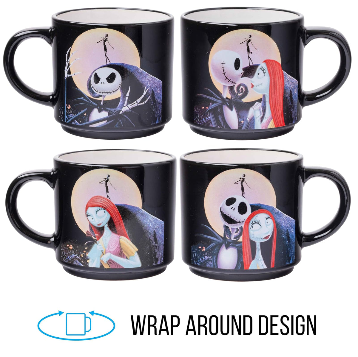 Silver Buffalo: Juego de 4 tazas de cerámica Nightmare Before Christmas Jack y Sally, 10 onzas, paquete de 4 tazas de cerámica, juego de 5 piezas