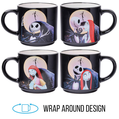 Silver Buffalo: Juego de 4 tazas de cerámica Nightmare Before Christmas Jack y Sally, 10 onzas, paquete de 4 tazas de cerámica, juego de 5 piezas