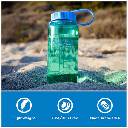 Nalgene Botella de agua – Botella ligera de Tritan sin BPA inastillable para mochileros, senderismo, gimnasio, 16 onzas, boca ancha, azul aciano
