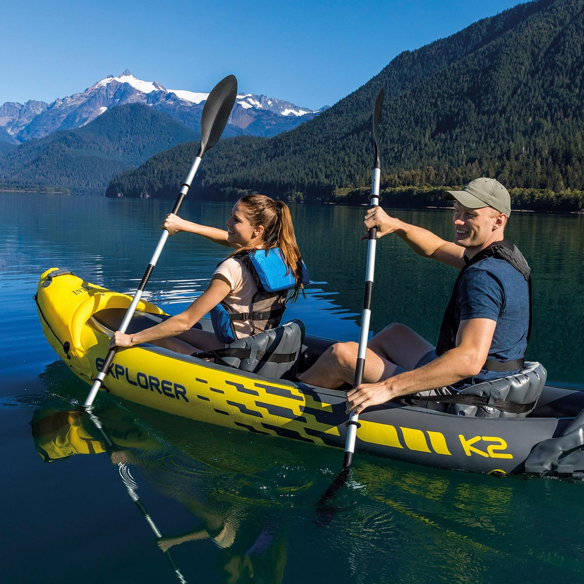 Intex Explorer K2 Kayak - Kayak Inflable para 2 Personas con Orejas de Aluminio y Bomba de Aire de Alta Salida