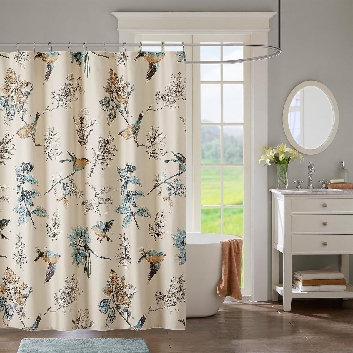 Madison Park - Cortina de ducha con estampado de pájaros y hojas, cortina de ducha para baño, decoración moderna de campo, lavable a máquina, cortina de ducha de algodón, membrillo, 72 x 72 pulgadas,