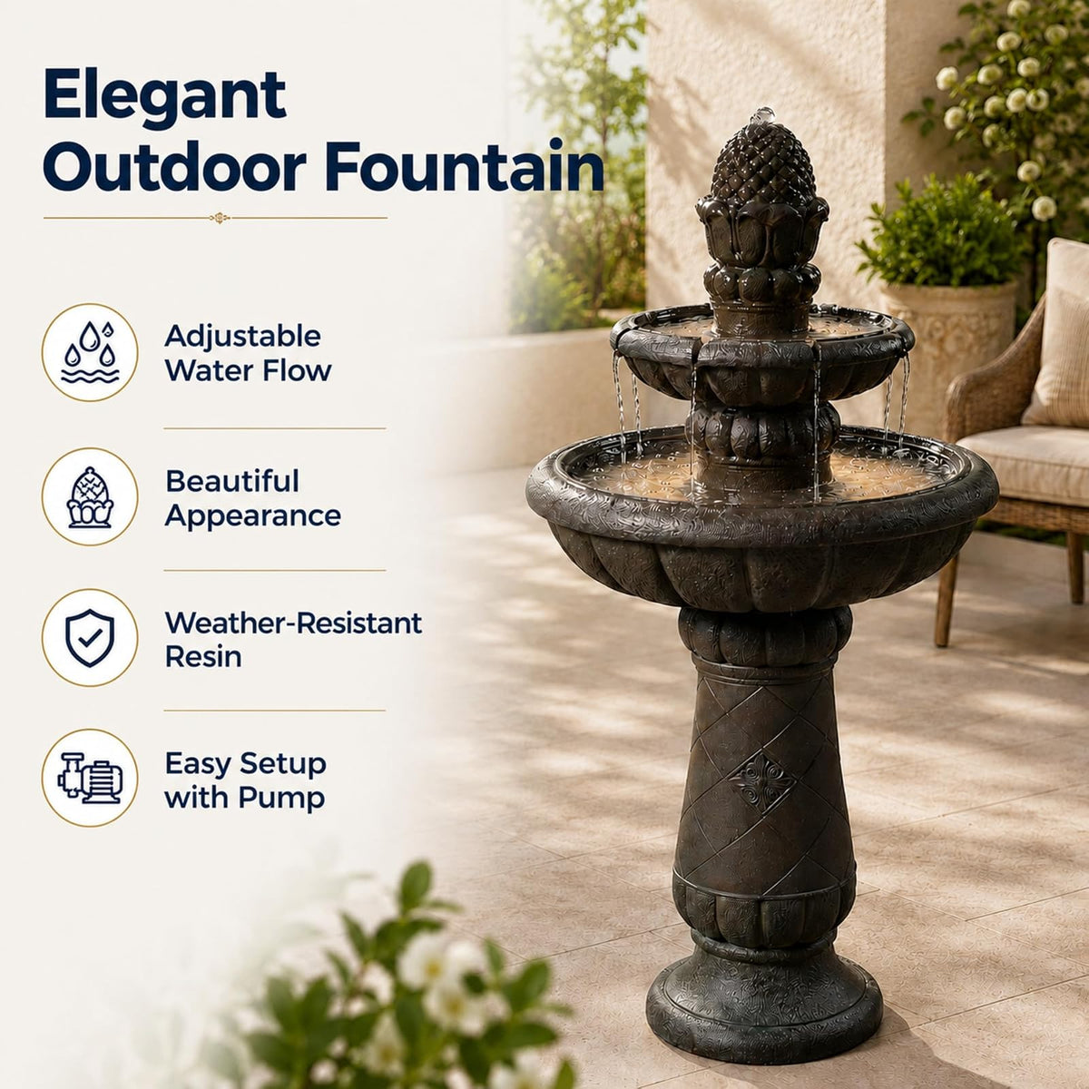 Teamson Home - Pedestal de piña de Lujo, 2 Niveles, Fuente de Cascada con Bomba para Patio al Aire última intervensión, jardín, Patio, terraza, 39 Pulgadas de Altura, Gris Hierro