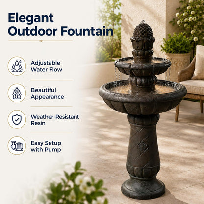 Teamson Home - Pedestal de piña de Lujo, 2 Niveles, Fuente de Cascada con Bomba para Patio al Aire última intervensión, jardín, Patio, terraza, 39 Pulgadas de Altura, Gris Hierro