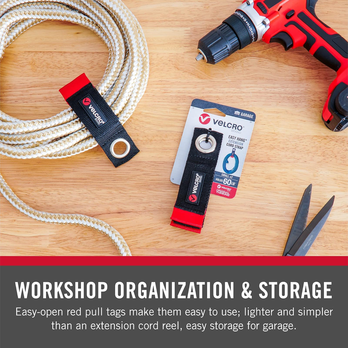 VELCRO Brand Extension Cord Organizer Holder. Heavy Duty Straps for Garage Organization and Storage. Rust Resistant Grommet Hangs Easily on Wall 2pk,Small 10-inch,60bs Weight Rating,Black