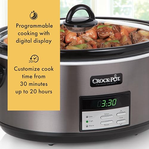 Crock-Pot - Olla de cocción lenta programable grande de 8 cuartos con ajuste automático de calor, acero inoxidable negro