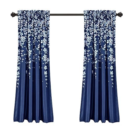 Lush Decor - Paneles de Cortina para Ventana con Filtro de luz, par, 52 Pulgadas de Ancho x 63 Pulgadas de Largo + cabecera de 2 Pulgadas, Color Azul Marino, Encantadoras Cortinas Florales Modernas
