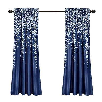 Lush Decor - Paneles de Cortina para Ventana con Filtro de luz, par, 52 Pulgadas de Ancho x 63 Pulgadas de Largo + cabecera de 2 Pulgadas, Color Azul Marino, Encantadoras Cortinas Florales Modernas