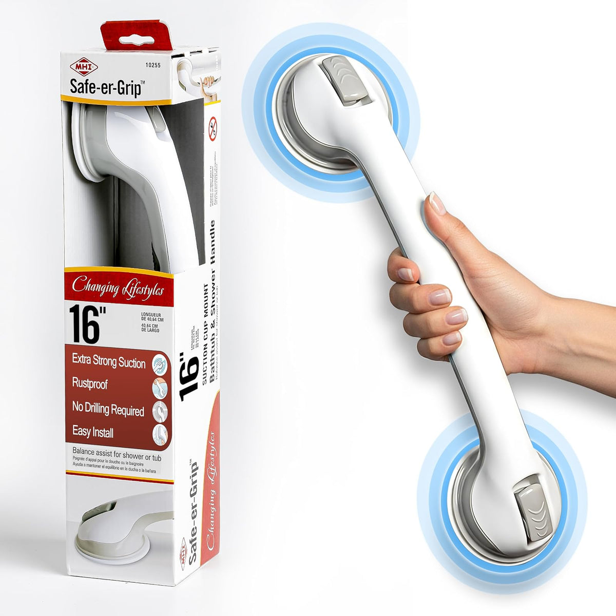 Safe-er-Grip - Barra de apoyo para ducha, 17 pulgadas | La barra de agarre de ventosa Safe-er-Grip de 16 pulgadas ofrece asistencia de equilibrio temporal en bañeras y duchas; se