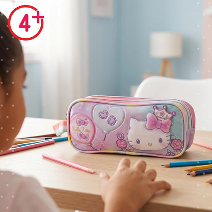 Ruz Lapicera Triple Infantil y Preescolar | Hello Kitty | 100% Poliéster | Estuche Organizador para Niños con Compartimentos y Cierre de Cremallera | Recomendado desde 3 años