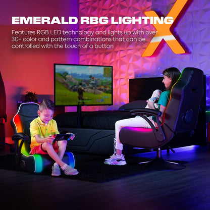 X Rocker Emerald RGB LED Silla mecedora para videojuegos de piso con reposacabezas altavoces, reposabrazos, plegable, piel vegano, 200 libras, máximo, exclusivo de , negro