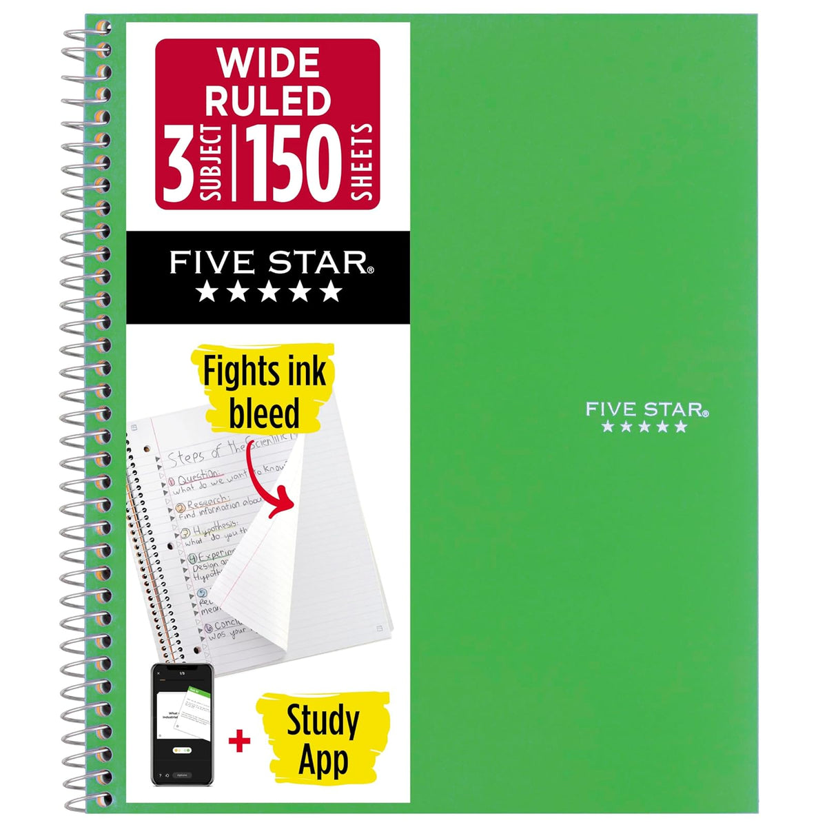 Five Star Cuaderno Espiral 3 Materias Raya Ancha 150 Hojas - Verde - 10 1 - 2" x 8 5 - 8"