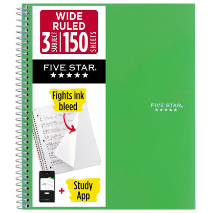 Five Star Cuaderno Espiral 3 Materias Raya Ancha 150 Hojas - Verde - 10 1 - 2" x 8 5 - 8"