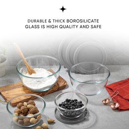 JoyJolt - Cuencos para mezclar de cocina, 8 piezas de vidrio con tapas, juego de 8 piezas de vidrio con tapa – rodar limpio y almacenamiento de cocina grande sin BPA gris