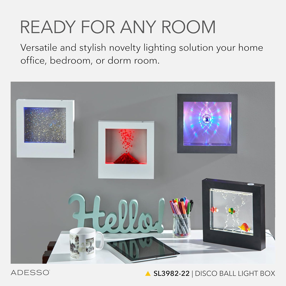 Adesso SL3982-22 Simplee Disco Ball Novedad Caja de estado de ánimo LED multicolor para mesa o montaje colgante, iluminación de pared de galería, alimentación con batería o USB, certificación ETL, 8 pies, marco plateado