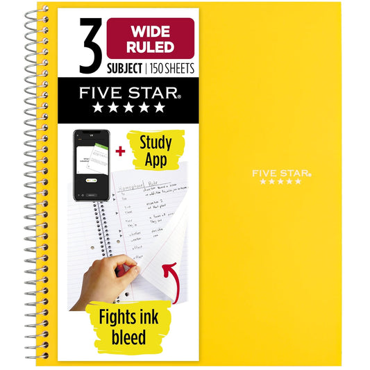 Five Star Spiral Notebook, 3 Subject, Wide Ruled Paper, 150 Sheets, 10-1/2" x 8" Sheet Size, Yellow (73463)