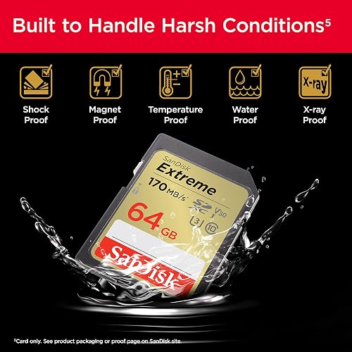SanDisk Extreme SDXC UHS-I - Tarjeta de Memoria de 64 GB (V30, Transferencia de 170 MB/s, U3, 4K UHD, tecnología QuickFlow, Impermeable, Resistente a los Golpes, Resistente a la Temperatura)