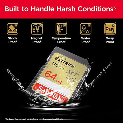 SanDisk Extreme SDXC UHS-I - Tarjeta de Memoria de 64 GB (V30, Transferencia de 170 MB/s, U3, 4K UHD, tecnología QuickFlow, Impermeable, Resistente a los Golpes, Resistente a la Temperatura)