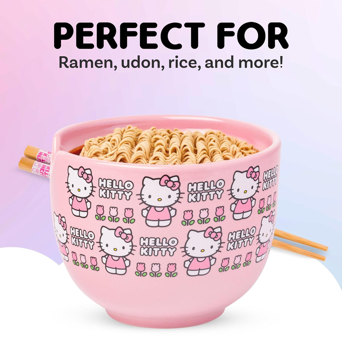 Silver Buffalo Sanrio Hello Kitty - tazón de arroz con palillos para fideos de cerámica con diseño de flores, apto para microondas, 20 onzas