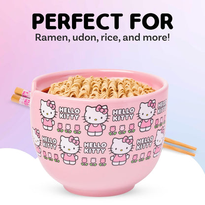 Silver Buffalo Sanrio Hello Kitty - tazón de arroz con palillos para fideos de cerámica con diseño de flores, apto para microondas, 20 onzas