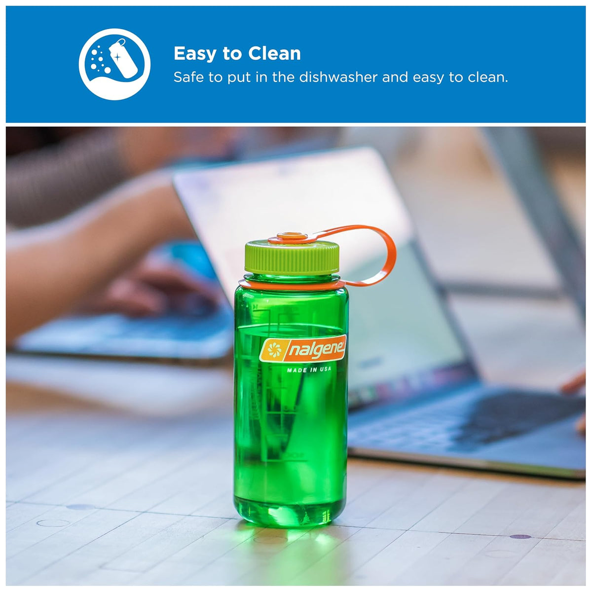 Nalgene Botella de agua – Botella ligera de Tritan sin BPA inastillable para mochileros, senderismo, gimnasio, 16 onzas, boca ancha, azul aciano