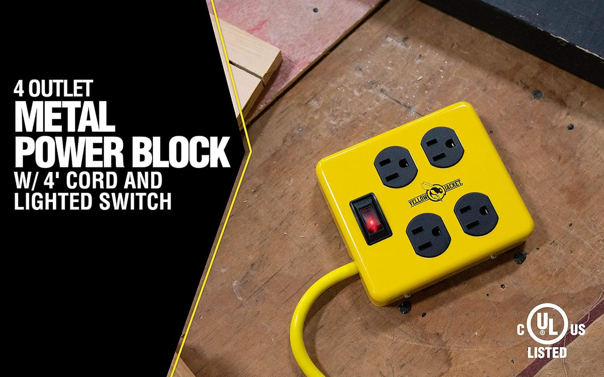 Yellow Jacket 2177N - Bloque de metal con 4 tomas de corriente e interruptor iluminado, cable de 4 pies