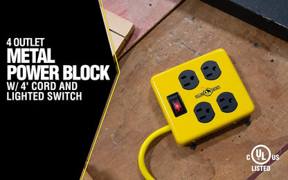Yellow Jacket 2177N - Bloque de metal con 4 tomas de corriente e interruptor iluminado, cable de 4 pies