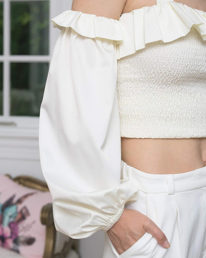 The Drop Top Para Mujer, Blanco Nube, Con Cuello Elástico Fruncido y Tirantes por @jessicawang