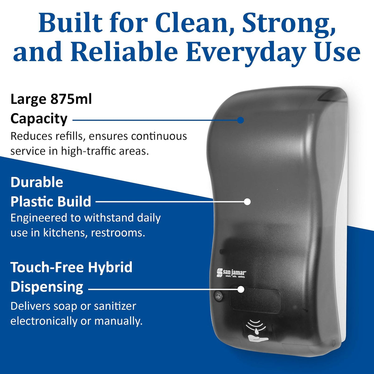 San Jamar Classic Rely - Dispensador de jabón electrónico híbrido de líquido y loción, dispensador de desinfectante de Manos para baño, Cocina, baños y restaurantes, plástico, 900 ml, Perla Negra