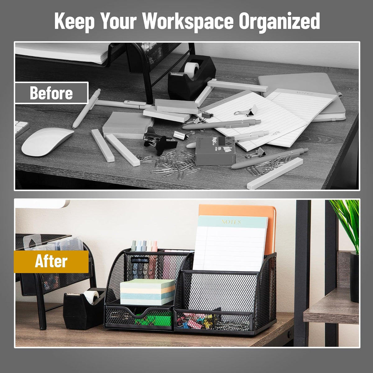 Mind Reader Desktop Organizer, File Storage, Accessory Storage, Workspace, Office, Metal Mesh, 11"L x 5.5"W x 5"H, Black